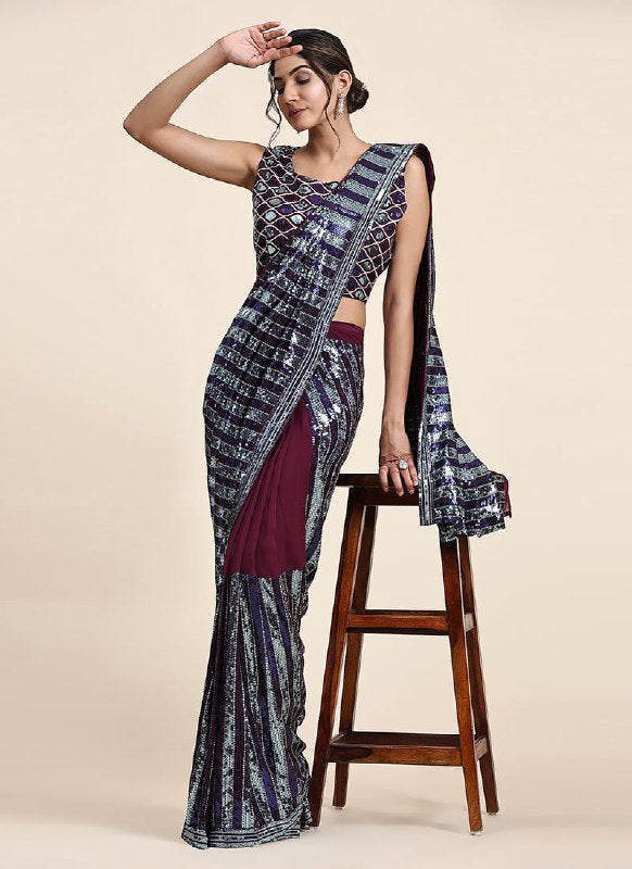 Silver Maroon Pure Georgette Sequins Party Style Saree For Women