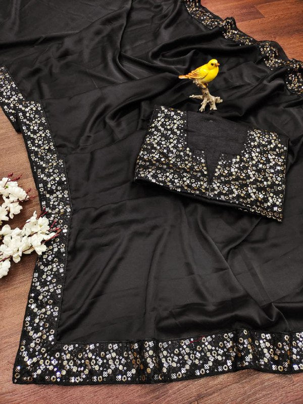 Party Special Black Sequence Work Soft Silk Saree