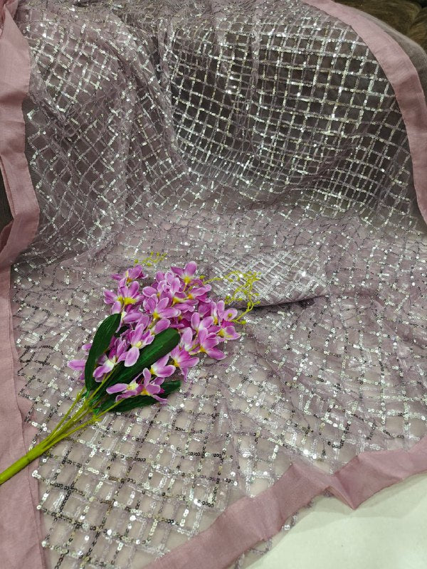 Dusty Pink Sequence Work Butterfly Soft Net Saree