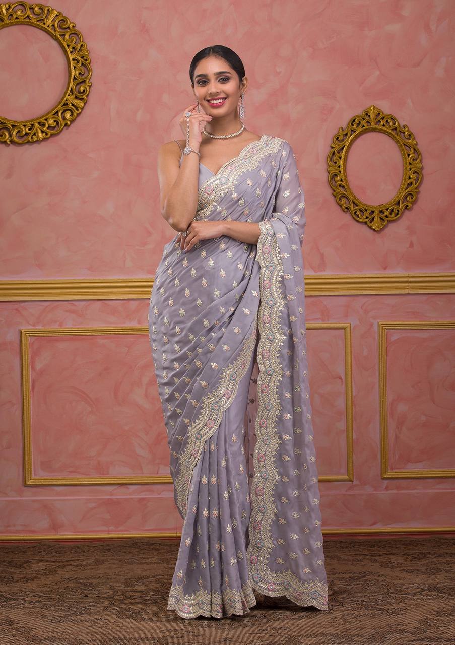 Grey Silk Organza Designer Saree For Women