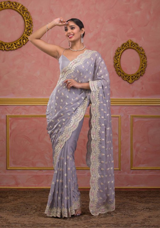 Grey Silk Organza Designer Saree For Women