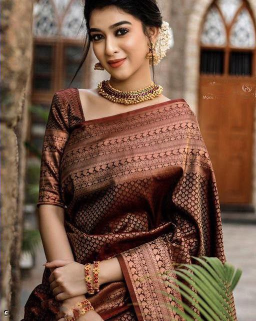 Brown Banarasi Coffee Coloured Soft Silk Saree With Copper Zari Work