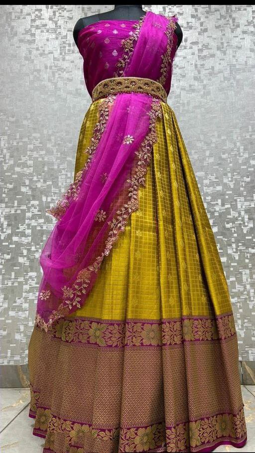 Mustard Pink Half Saree Lehenga Choli with Net Dupatta