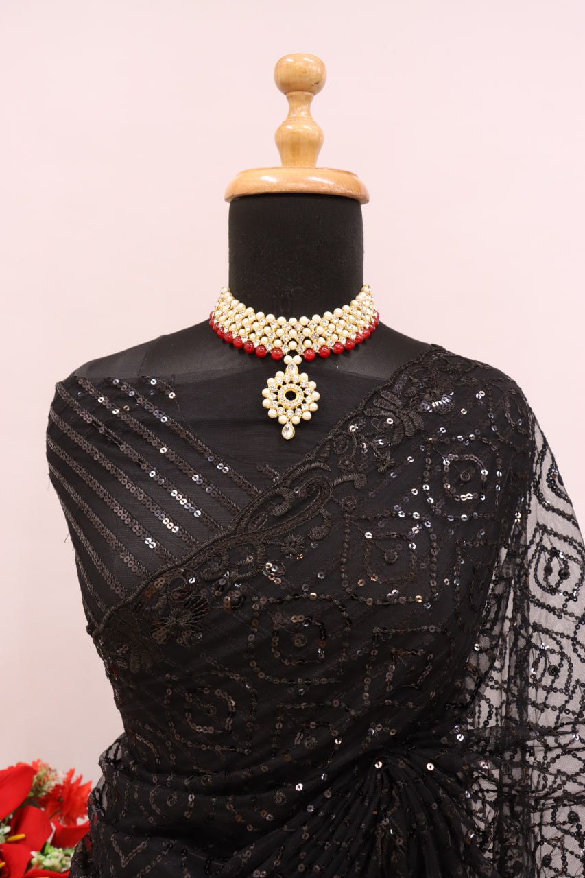 Black Nylon Butterfly Net Sequence Work Saree