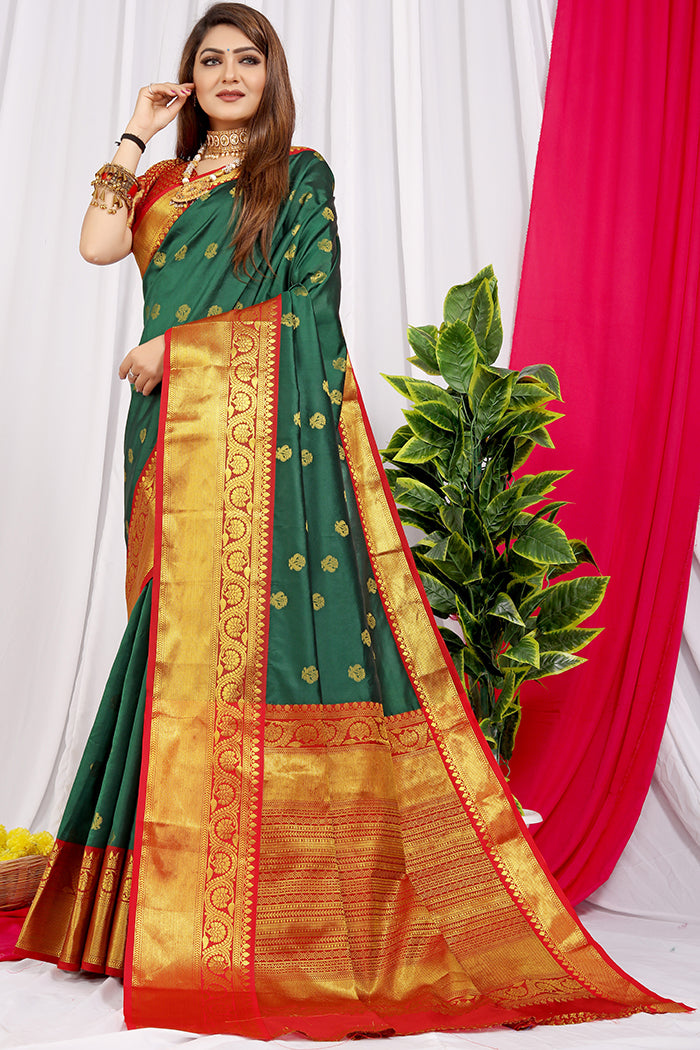 Emerald Green Silk Saree with Red & Gold Zari Woven Border