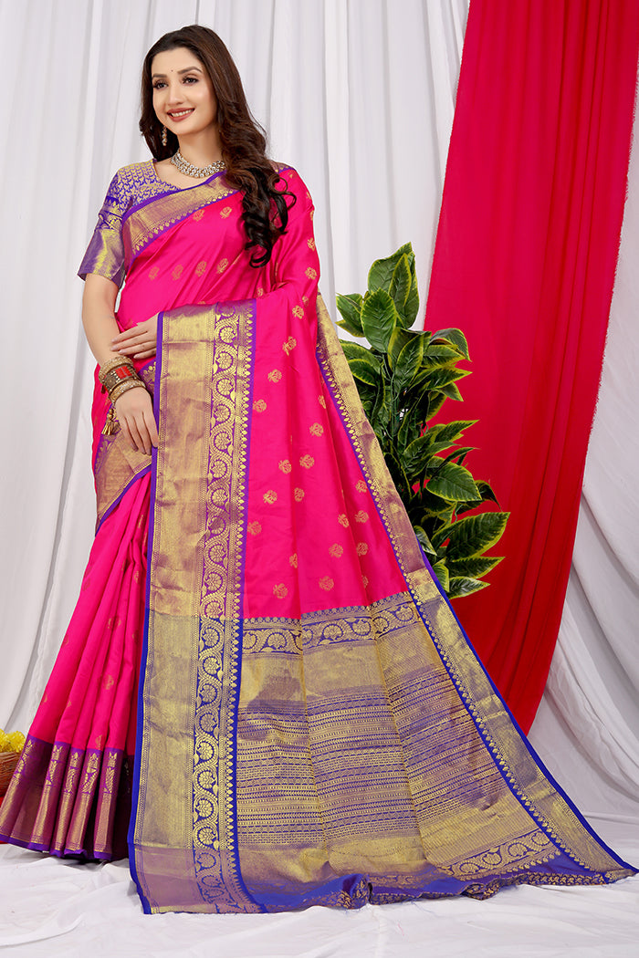 Pink Silk Saree with Royal Blue and Gold Zari Woven Pallu