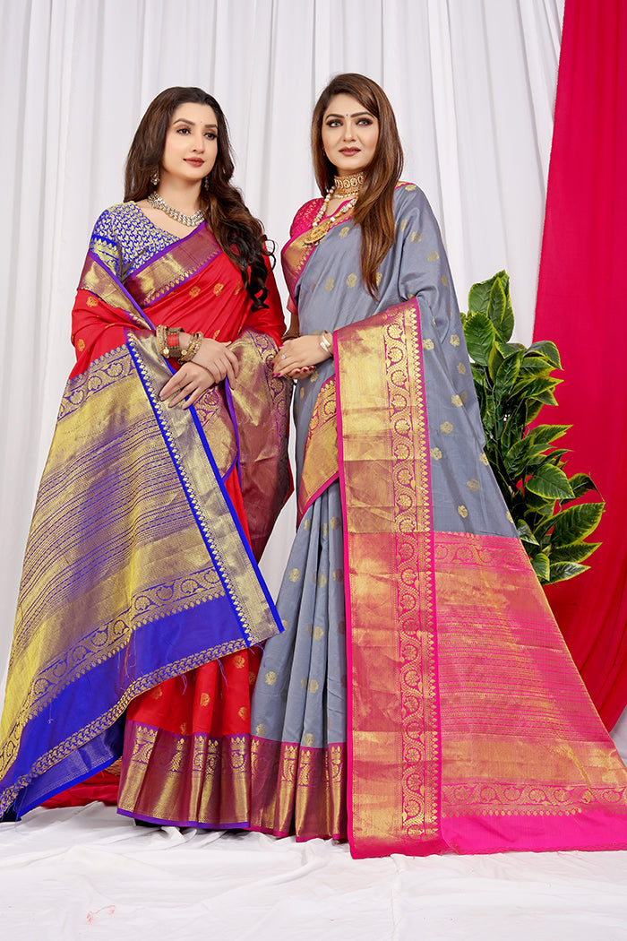 Elegant Grey Silk Saree with Hot Pink & Gold Zari Woven Border