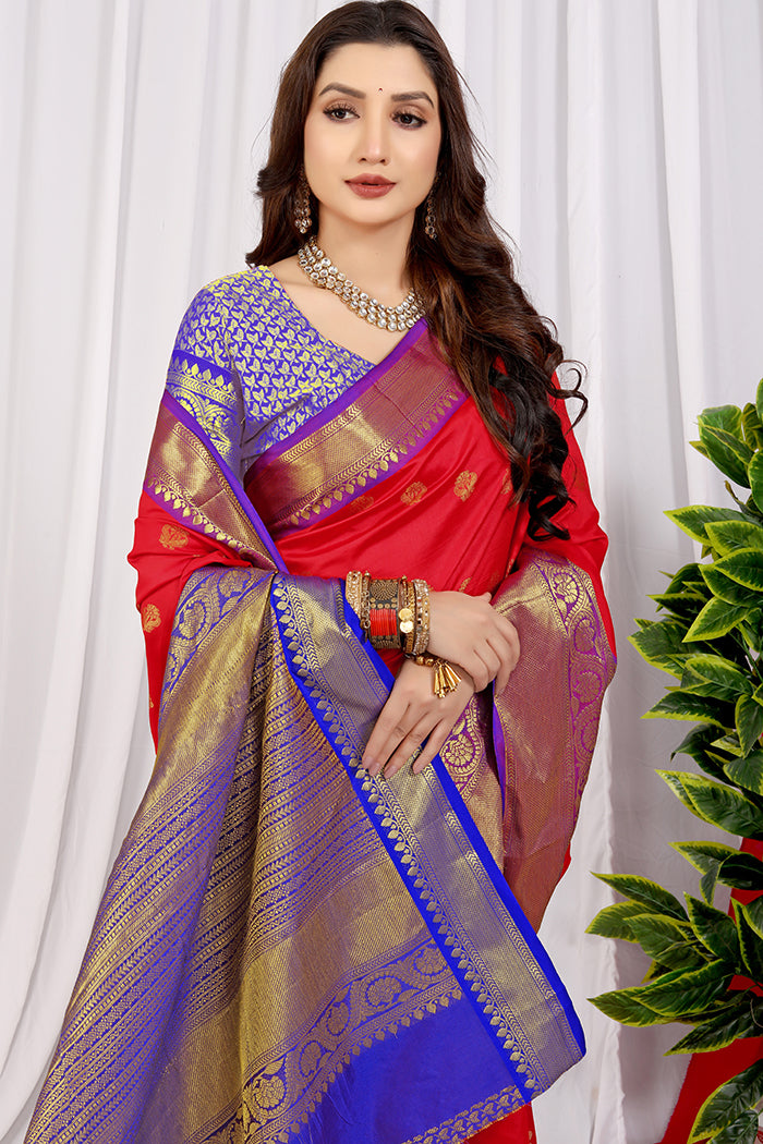 Classic Red Silk Saree with Royal Blue & Gold Zari Woven Border