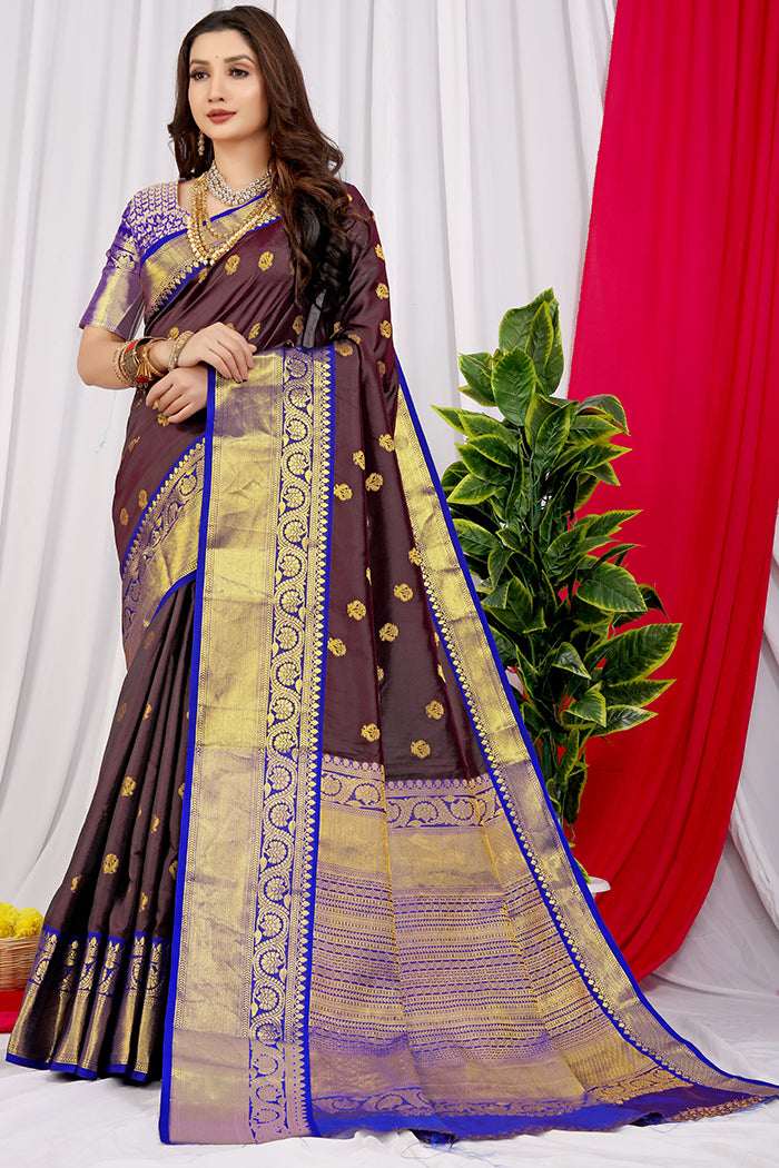 Plum Purple Silk Saree with Royal Blue Border and Golden Zari
