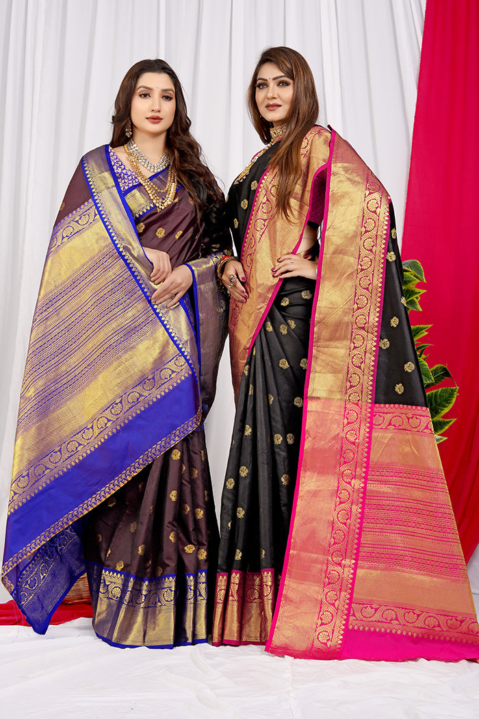 Black and Magenta Banarasi Silk Saree with Golden Zari Work