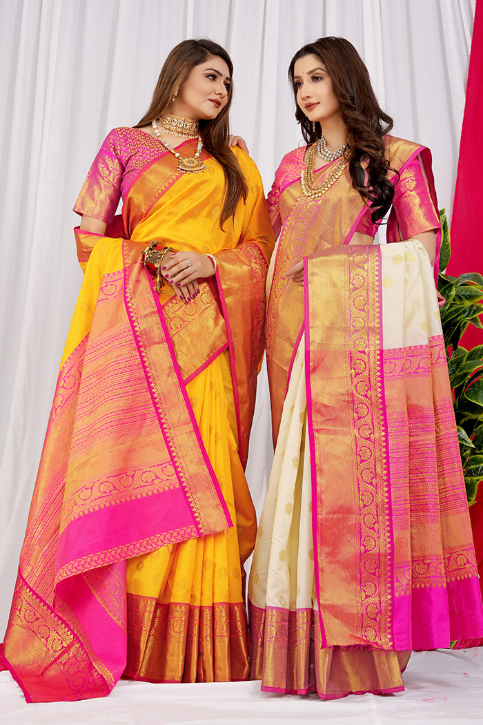 Yellow Silk Saree with Pink Zari Border and Pallu