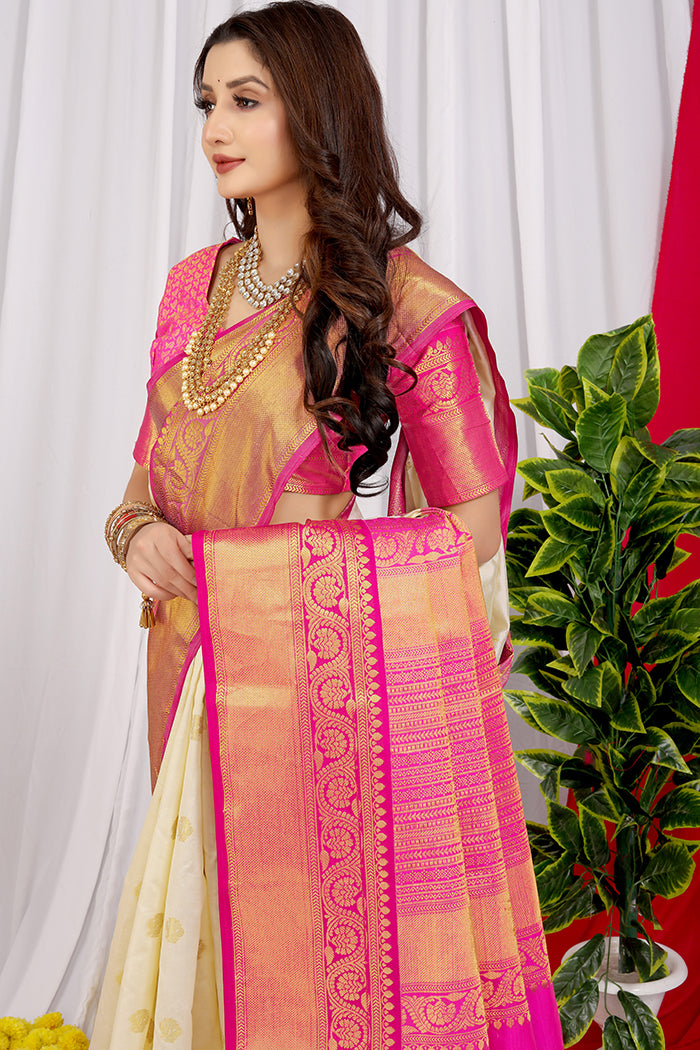 Off-White Silk Saree with Pink and Gold Zari Border