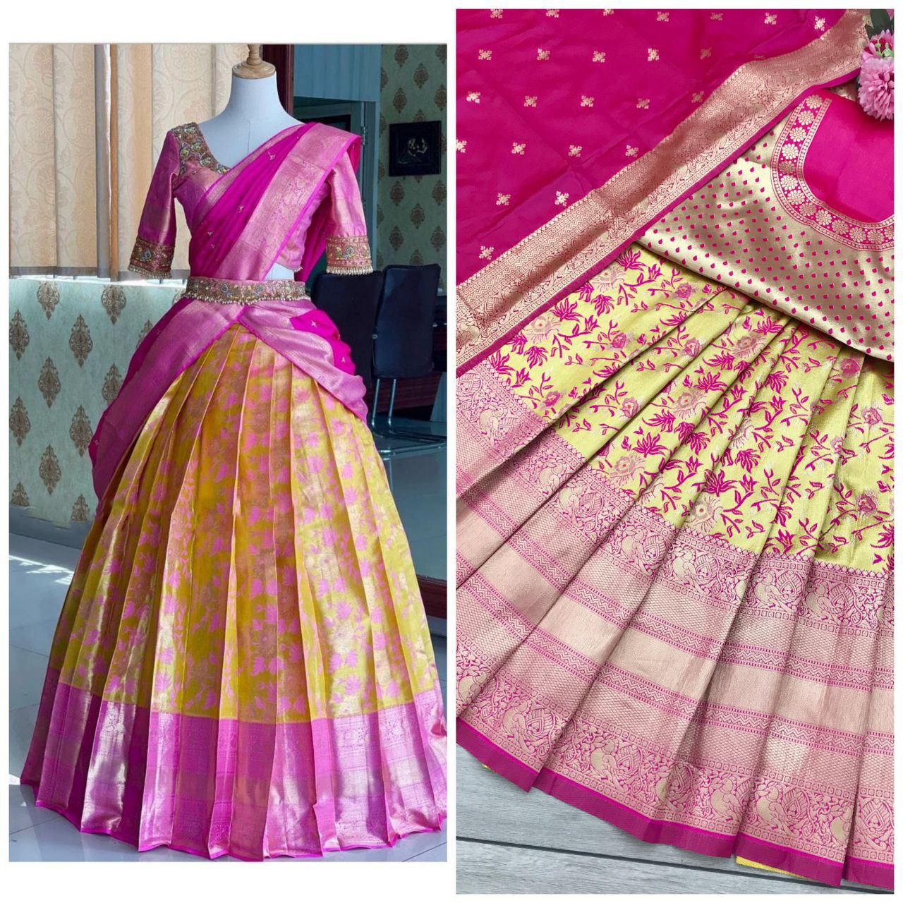 Pure Silk Yellow Pink Lehenga Choli And Blouse For Women