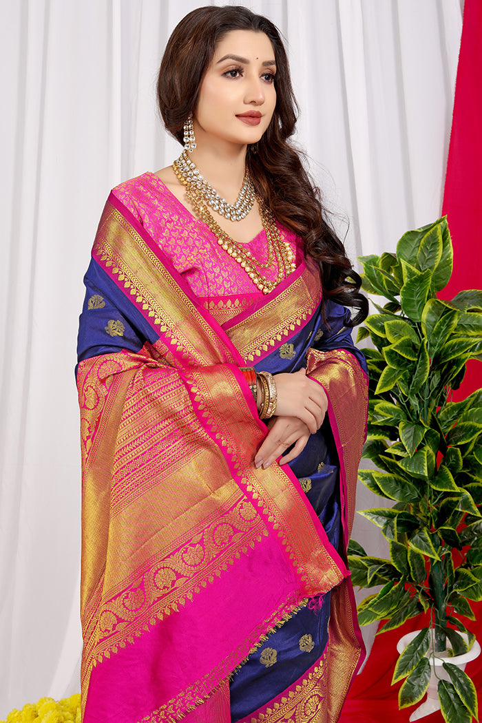 Navy Blue Silk Saree with Golden Zari & Pink Border