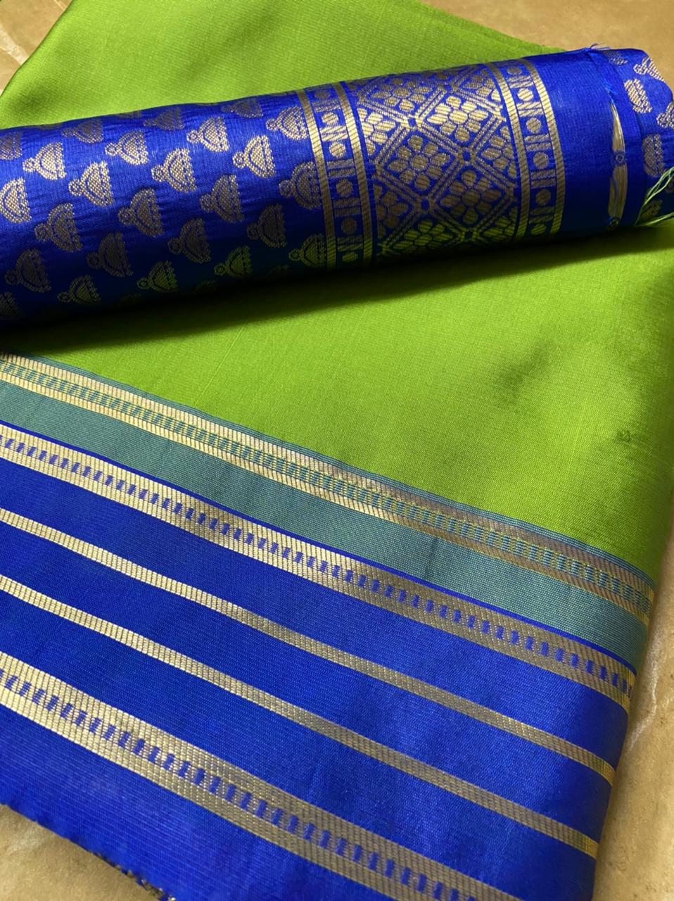 Parrot green Kanchipuram pure silk saree with royal blue border