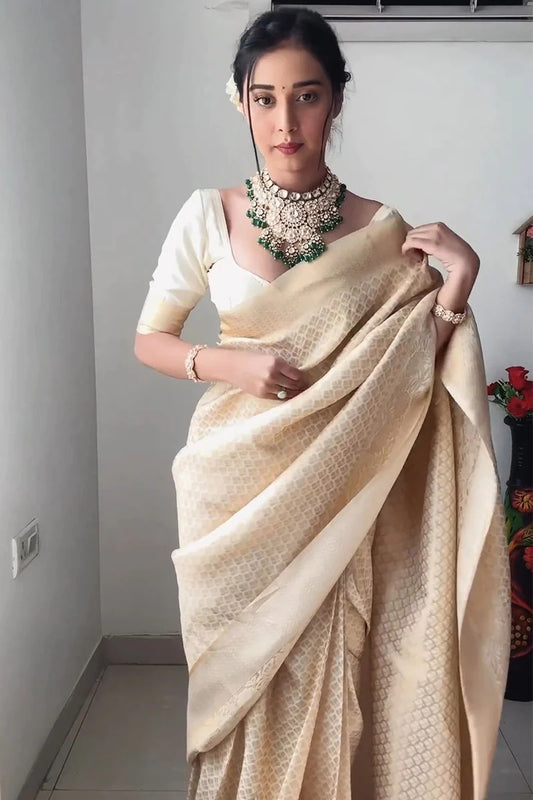 One Minute Ready To Wear Beige Kanjivaram Silk Saree