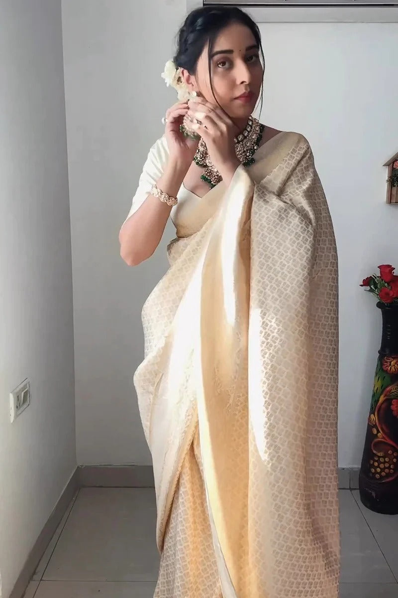 One Minute Ready To Wear Beige Kanjivaram Silk Saree