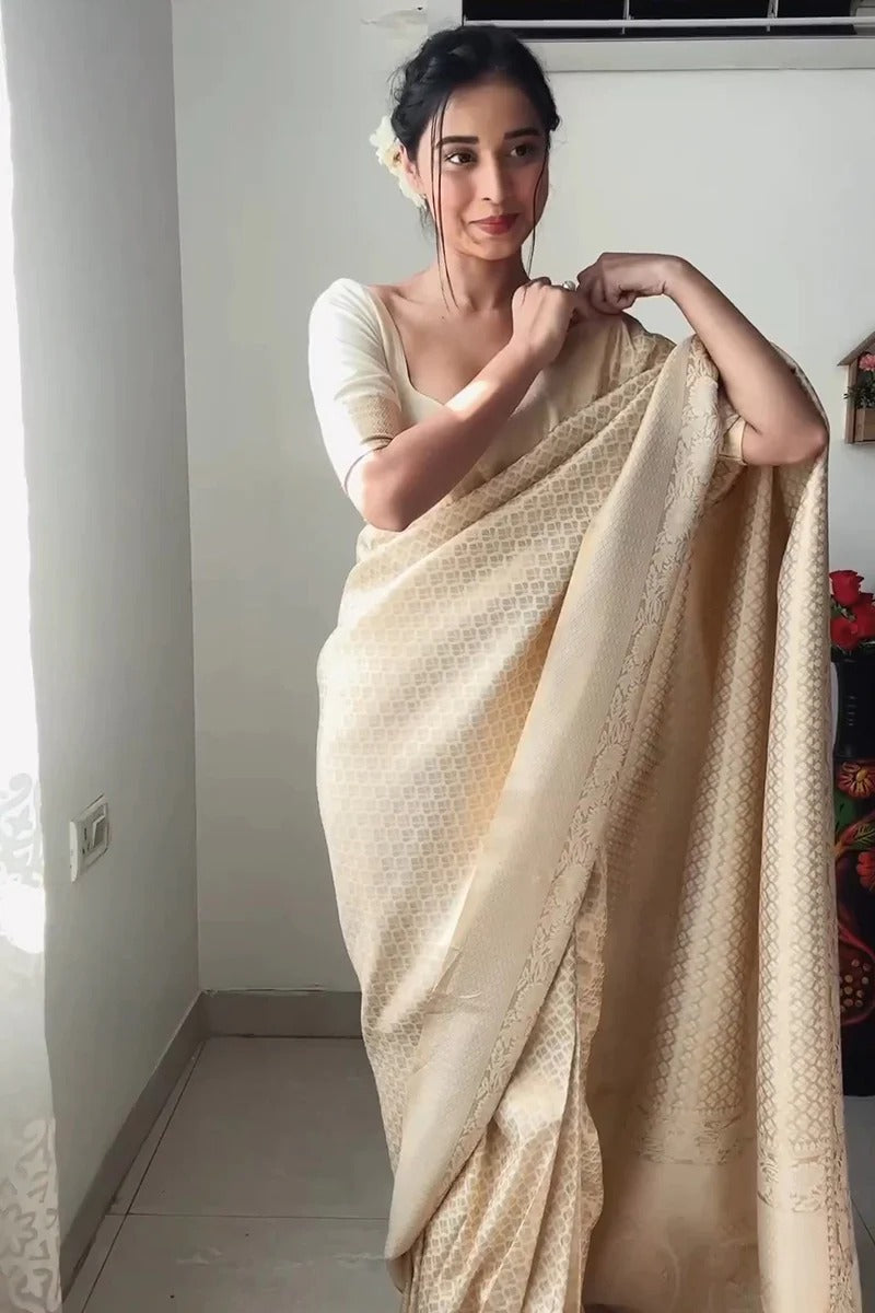 One Minute Ready To Wear Beige Kanjivaram Silk Saree