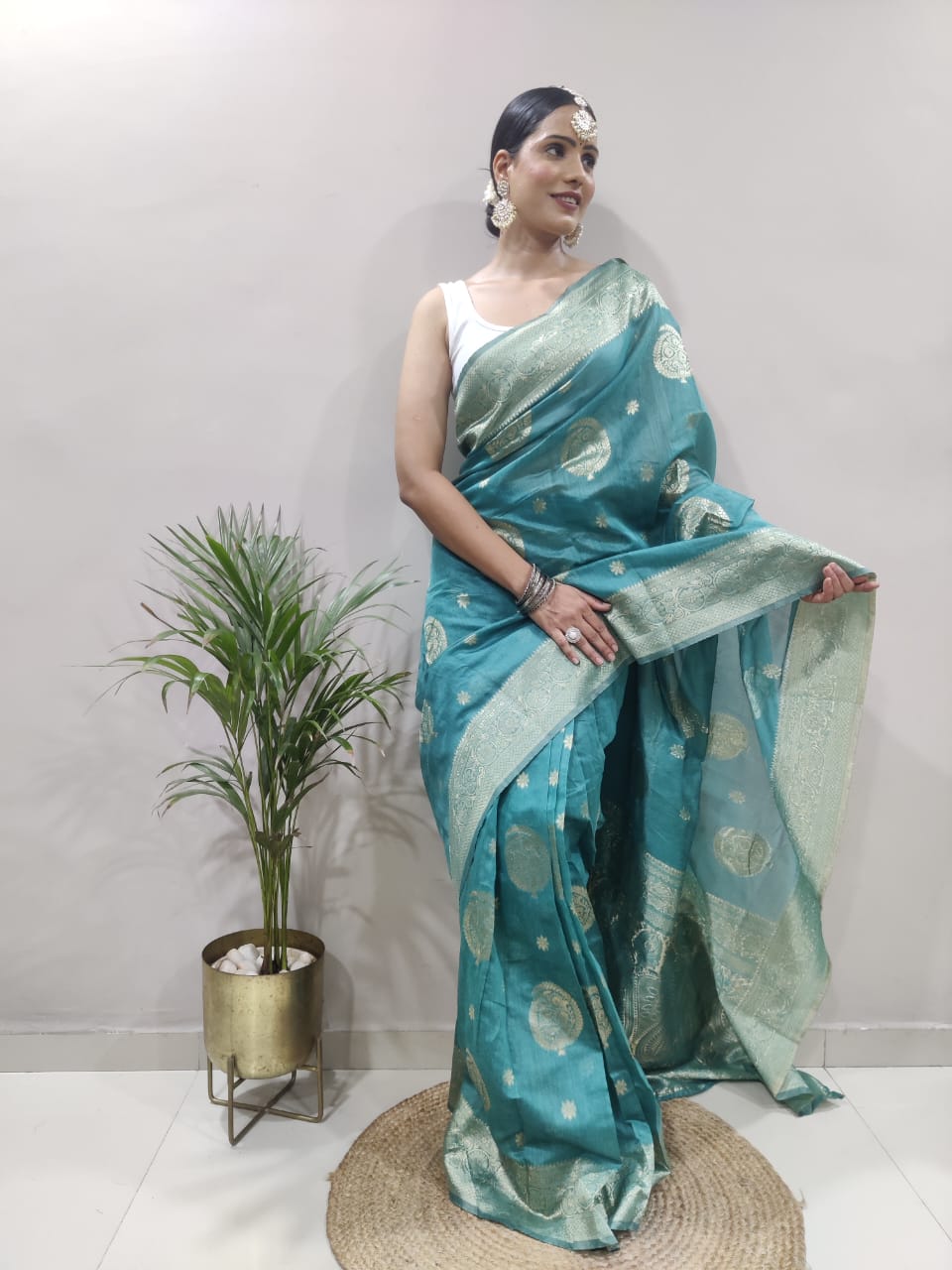 Ready To Wear Sea Green Cotton Silk saree