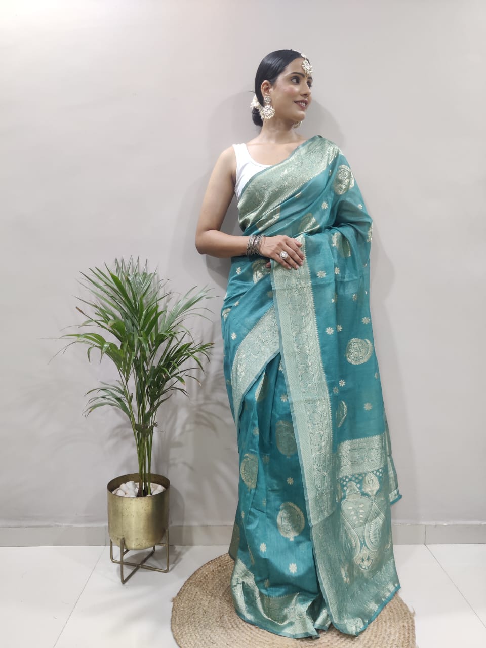 Ready To Wear Sea Green Cotton Silk saree