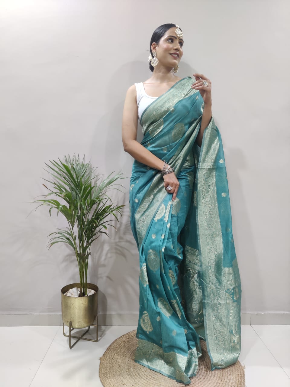 Ready To Wear Sea Green Cotton Silk saree