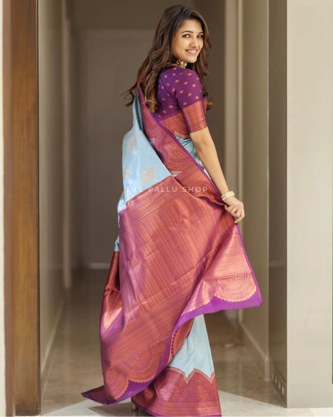 Sky Blue and Magenta Banarasi Silk Saree With Zari Work