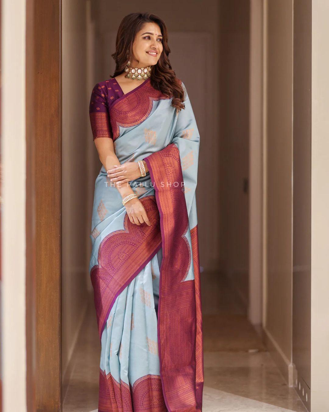 Sky Blue and Magenta Banarasi Silk Saree With Zari Work