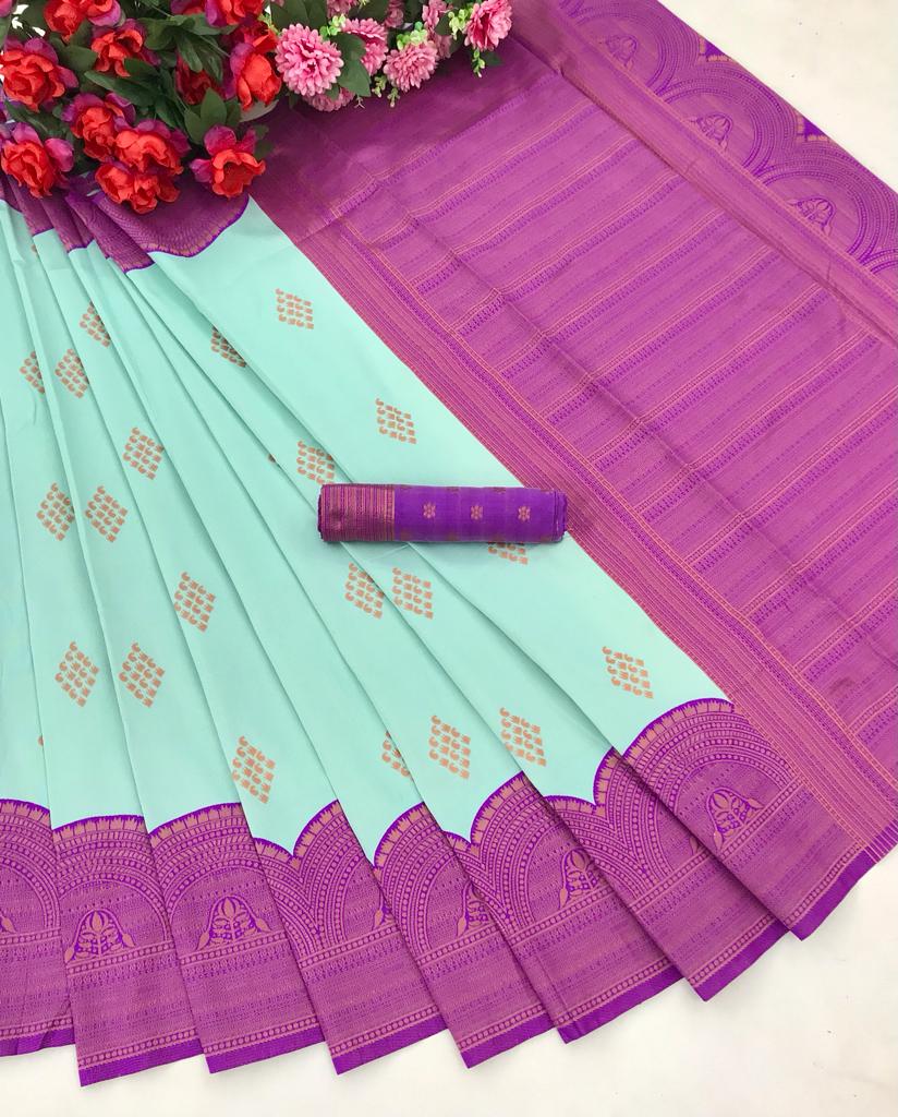 Sky Blue and Magenta Banarasi Silk Saree With Zari Work