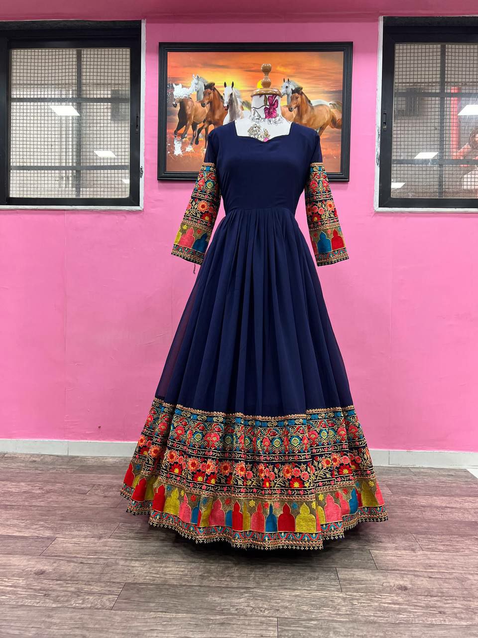Beautiful Designer Georgette Fabric Navy Blue Gown