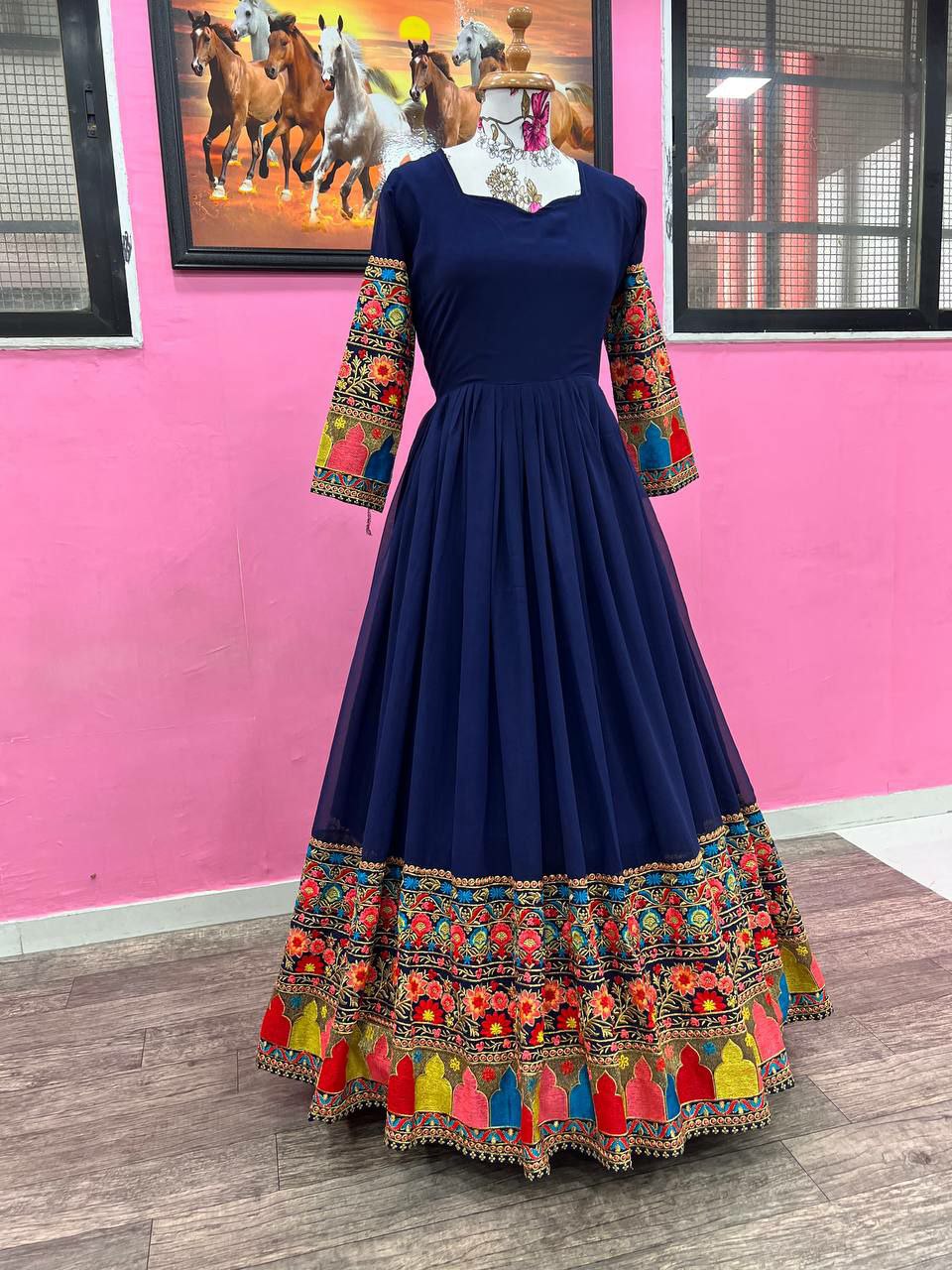 Beautiful Designer Georgette Fabric Navy Blue Gown