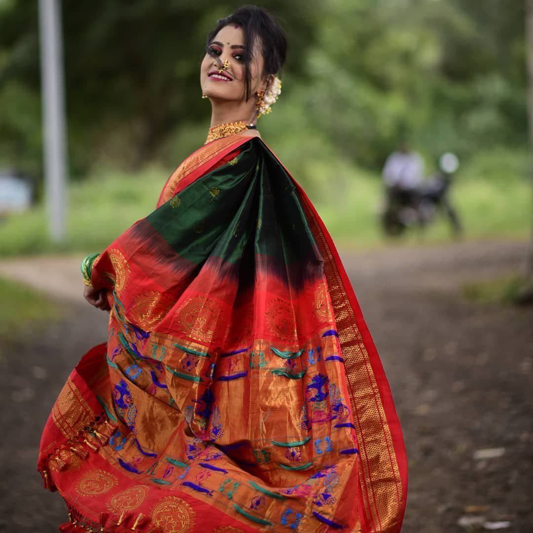 Green Paithani Silk Saree With Ethnic Blouse Piece