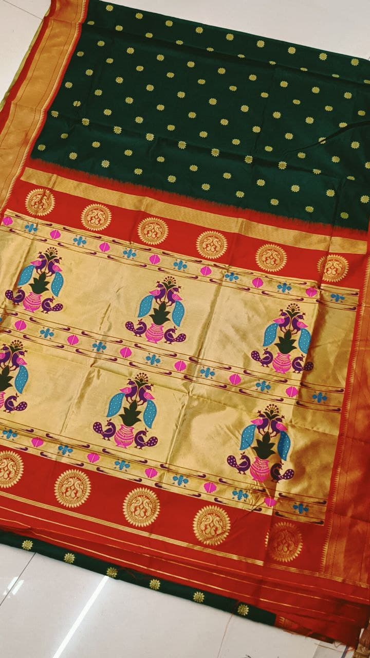 Green Paithani Silk Saree With Ethnic Blouse Piece