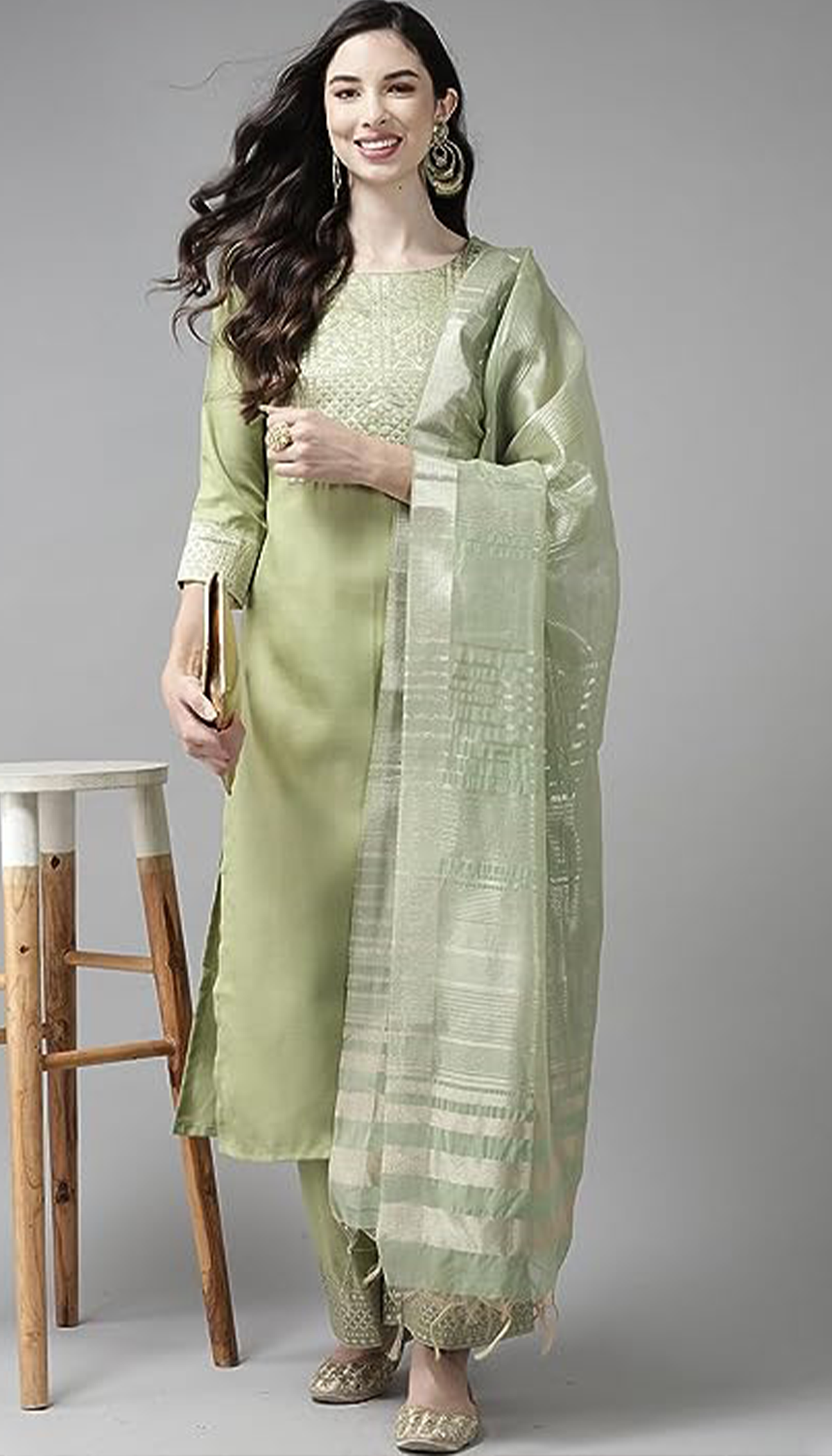 Pista Color Women Yoke Design Kurta Set