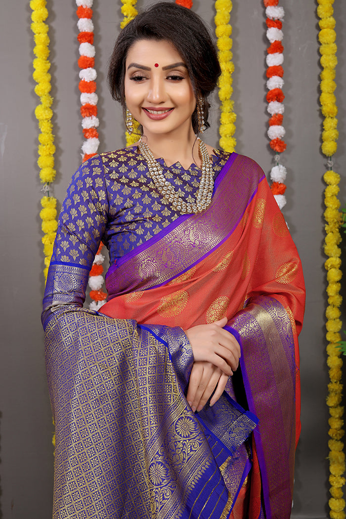 Orange and Royal Blue Banarasi Silk Saree with Zari Woven Border