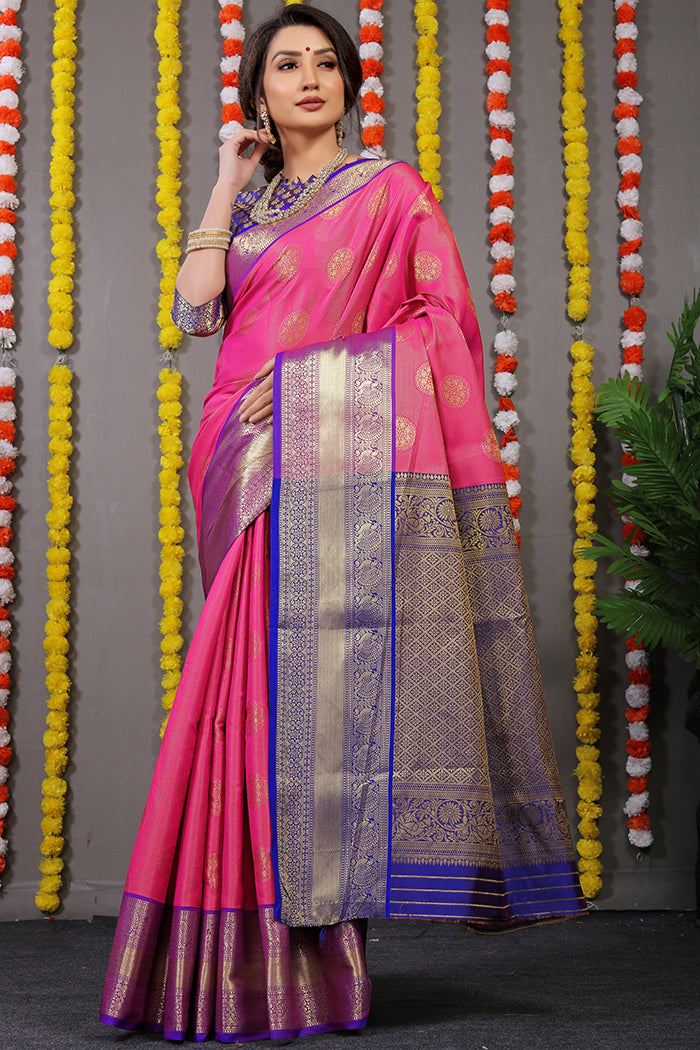 Pink Banarasi Silk Saree with Royal Blue & Gold Zari Border