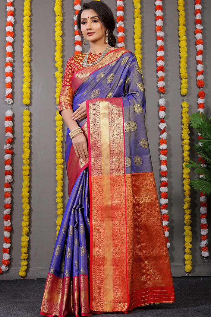 Royal Blue & Red Banarasi Silk Saree with Gold Zari Weaving