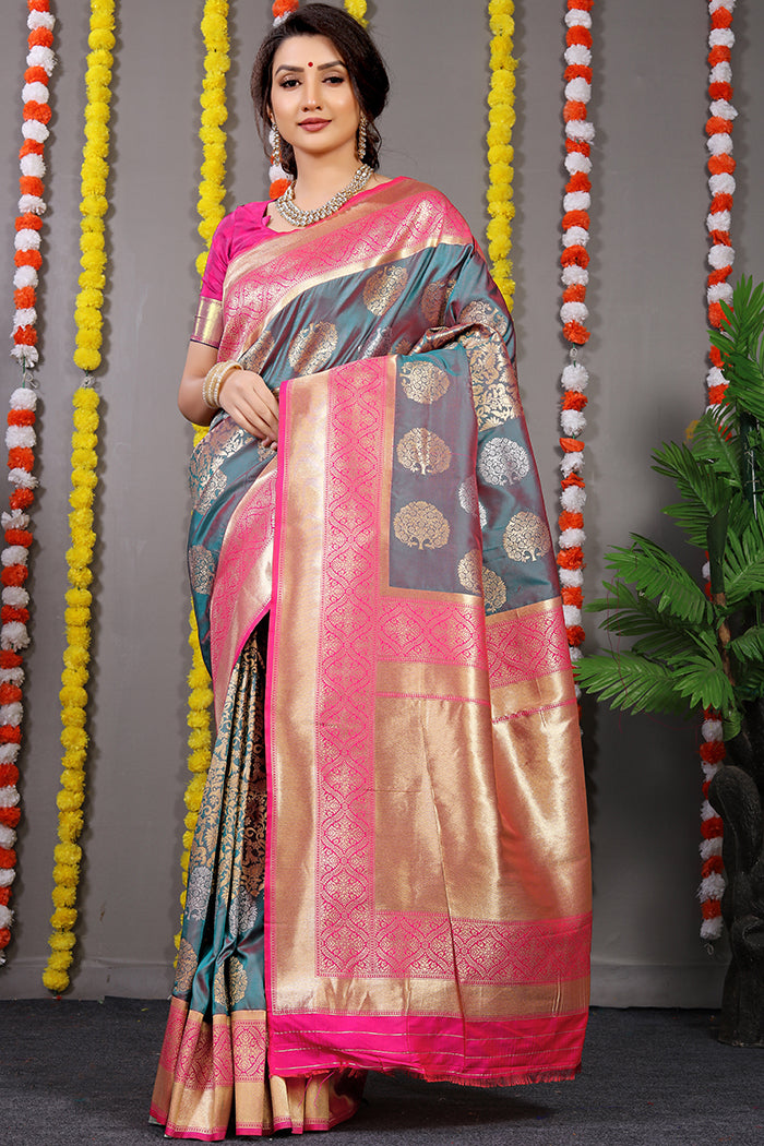 Teal Blue & Pink Banarasi Silk Saree with Tree Zari Motifs and Rich Gold Pallu