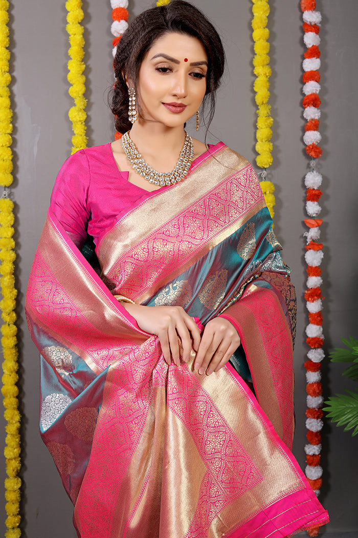 Teal Blue & Pink Banarasi Silk Saree with Tree Zari Motifs and Rich Gold Pallu