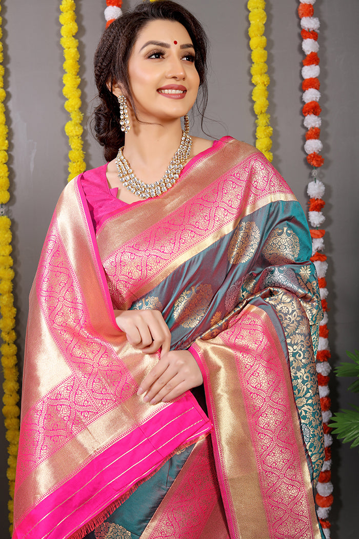 Teal Blue & Pink Banarasi Silk Saree with Tree Zari Motifs and Rich Gold Pallu