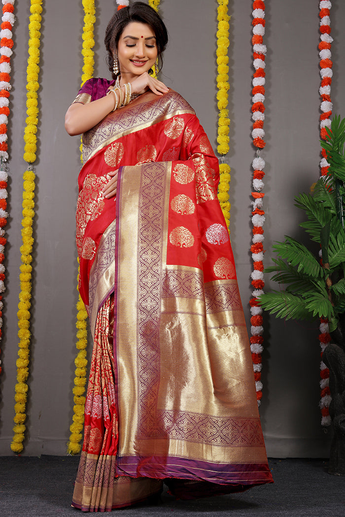 Red Banarasi Silk Saree with Gold-Silver Buta Motifs and Contrasting Purple Border