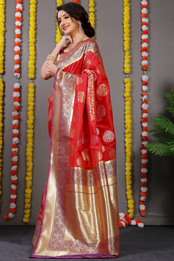 Red Banarasi Silk Saree with Gold-Silver Buta Motifs and Contrasting Purple Border