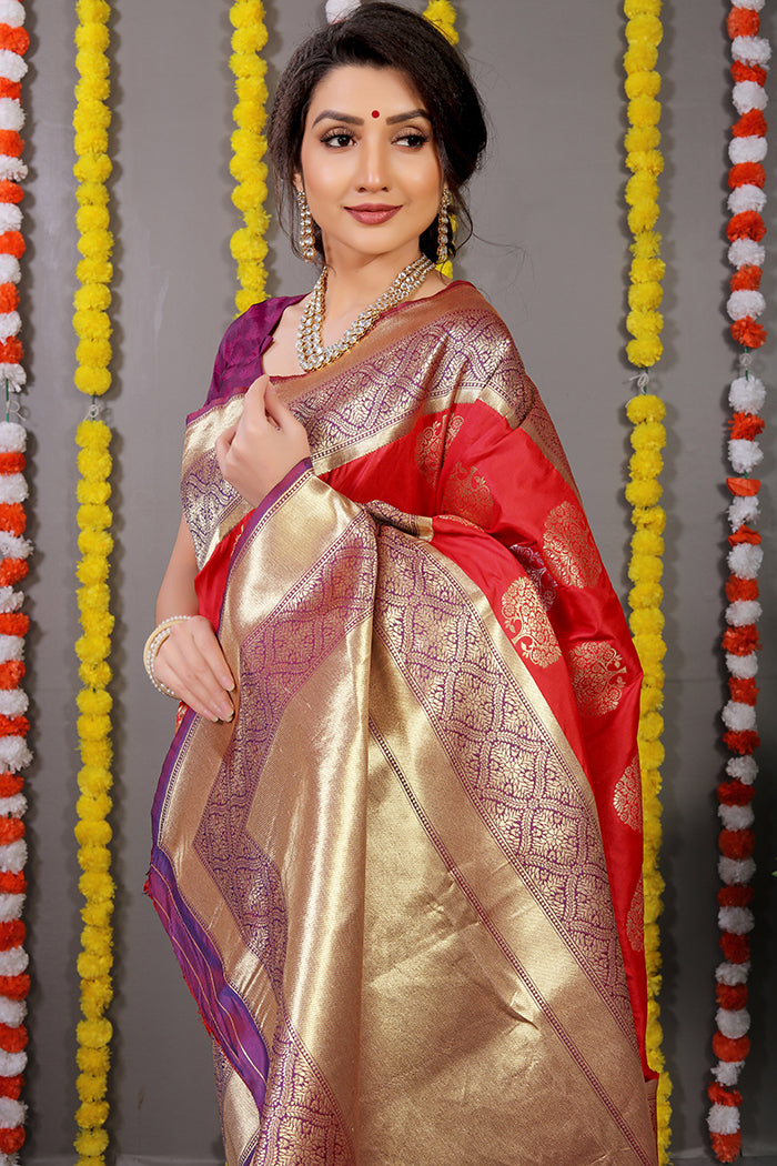 Red Banarasi Silk Saree with Gold-Silver Buta Motifs and Contrasting Purple Border