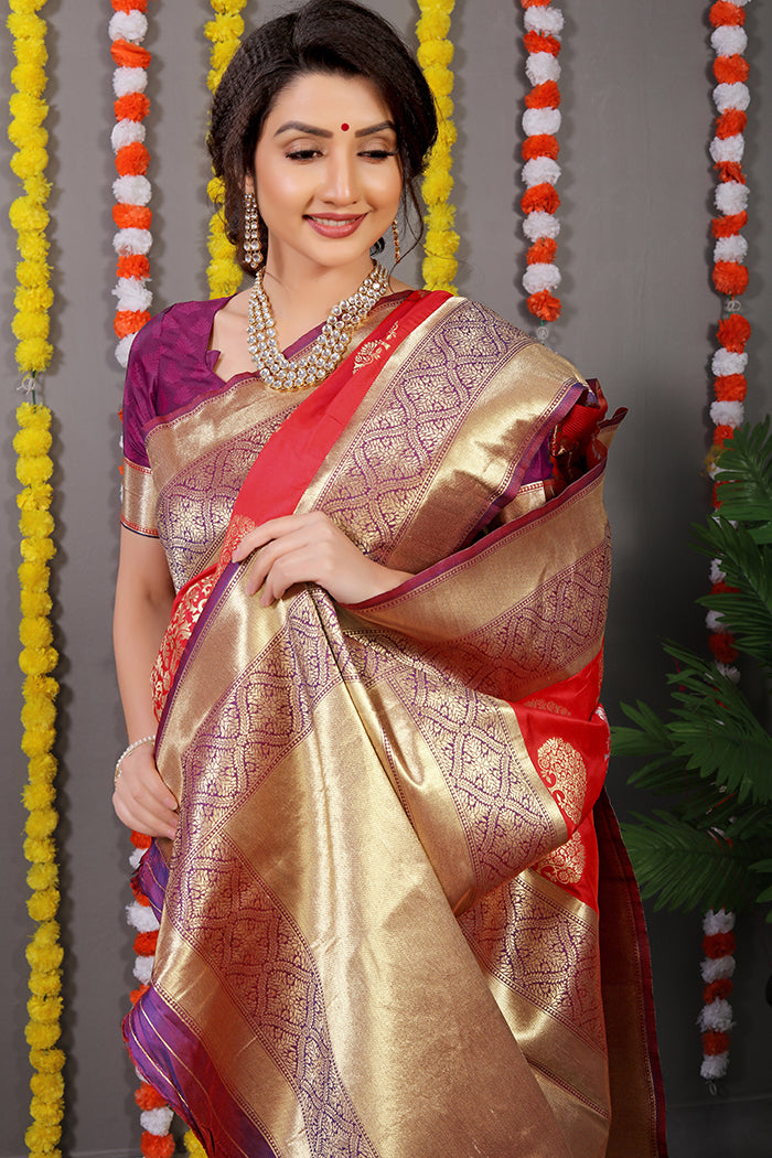 Red Banarasi Silk Saree with Gold-Silver Buta Motifs and Contrasting Purple Border