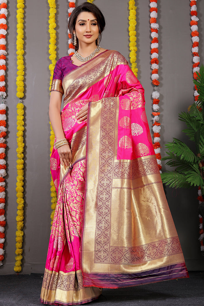 Hot Pink Banarasi Silk Saree with Gold Zari Buta and Purple Contrast Blouse