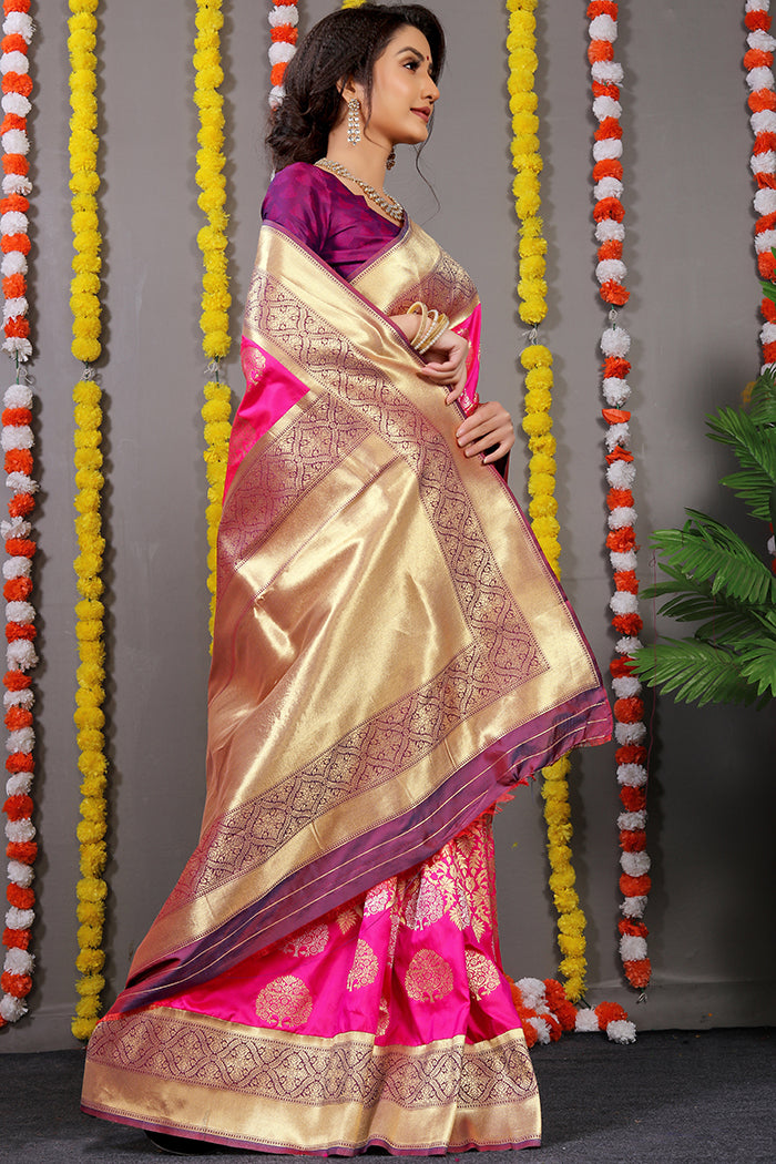 Hot Pink Banarasi Silk Saree with Gold Zari Buta and Purple Contrast Blouse