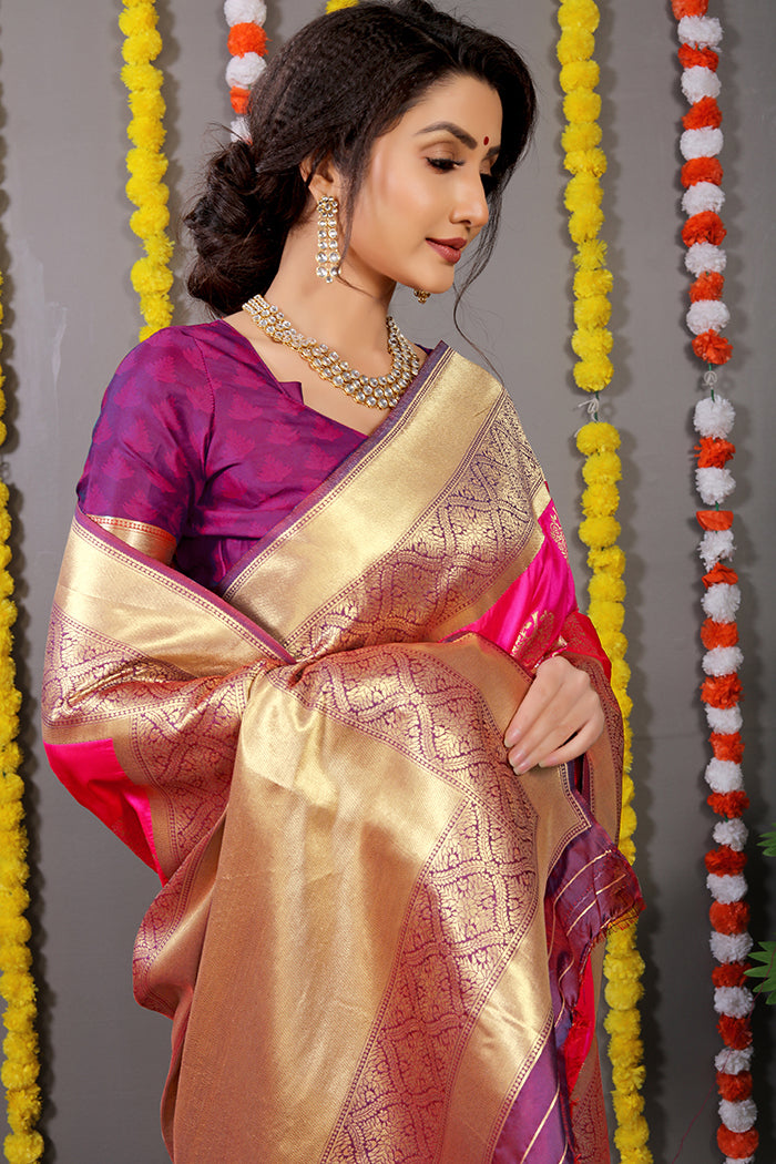 Hot Pink Banarasi Silk Saree with Gold Zari Buta and Purple Contrast Blouse