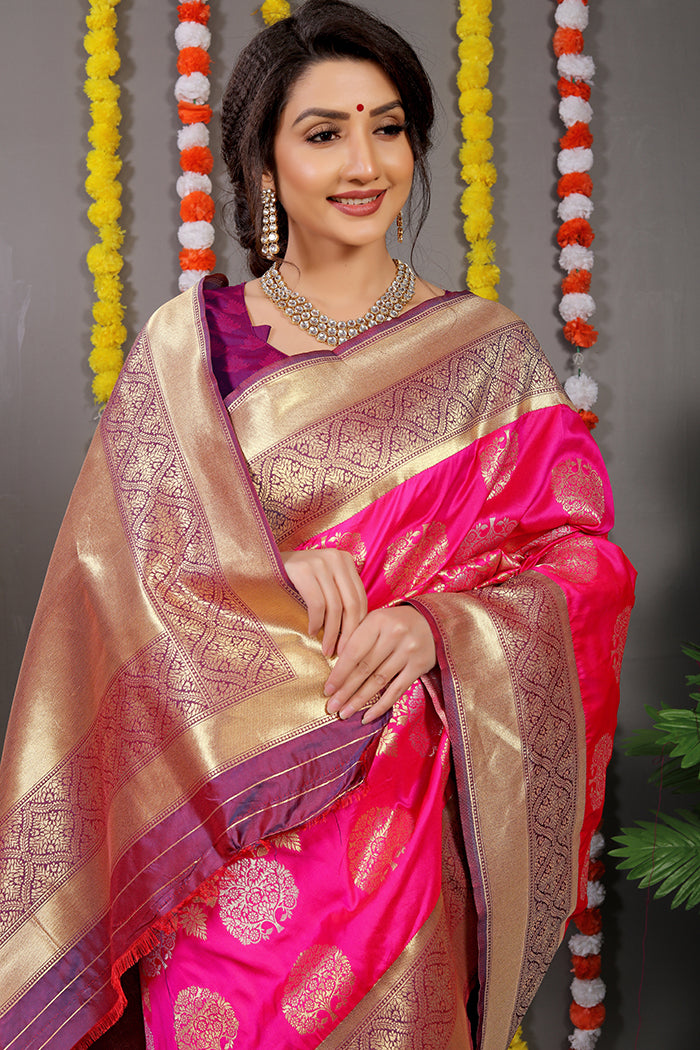 Hot Pink Banarasi Silk Saree with Gold Zari Buta and Purple Contrast Blouse