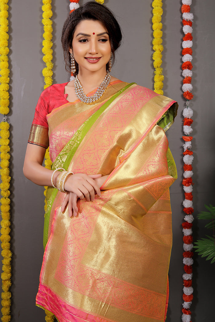 Parrot Green Banarasi Silk Saree with Golden Zari Work and Red Contrast Blouse
