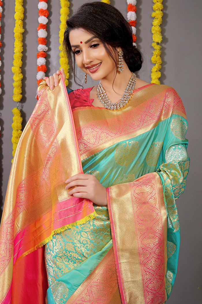 Sea Green Banarasi Silk Saree with Gold Zari Motifs and Pink Contrast Blouse