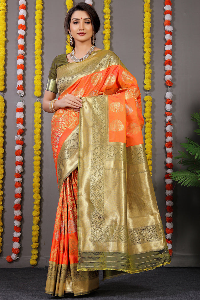 Orange & Olive Green Banarasi Silk Saree with Gold Zari Pallu